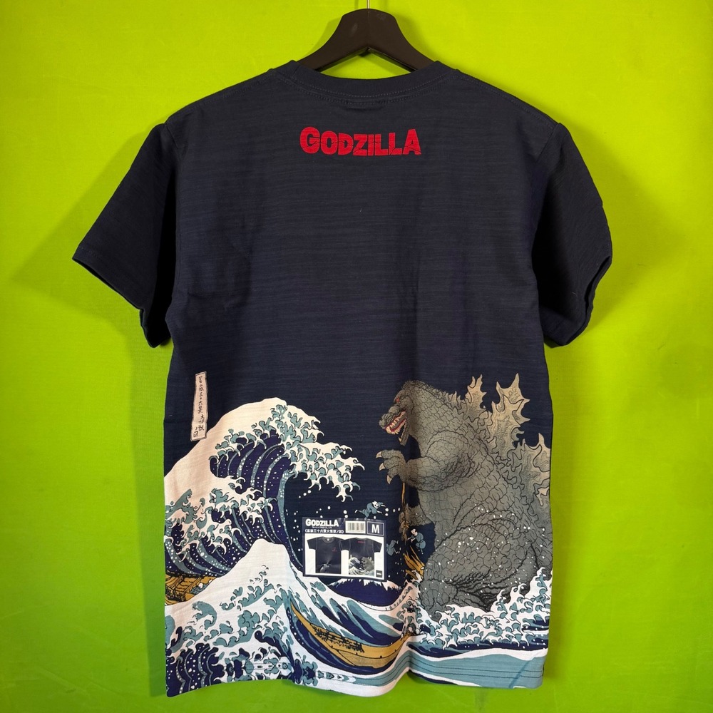 Godzilla Great Wave Kanagawa Graphic T-Shirt Navy Blue Slub Knit Mens Medium